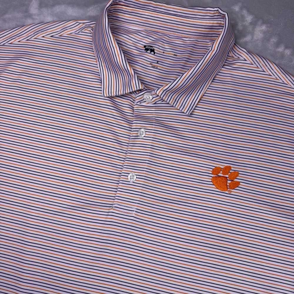 Onward Reserve Clemson Tigers Striped Performance Polo Men XL Purple Orange